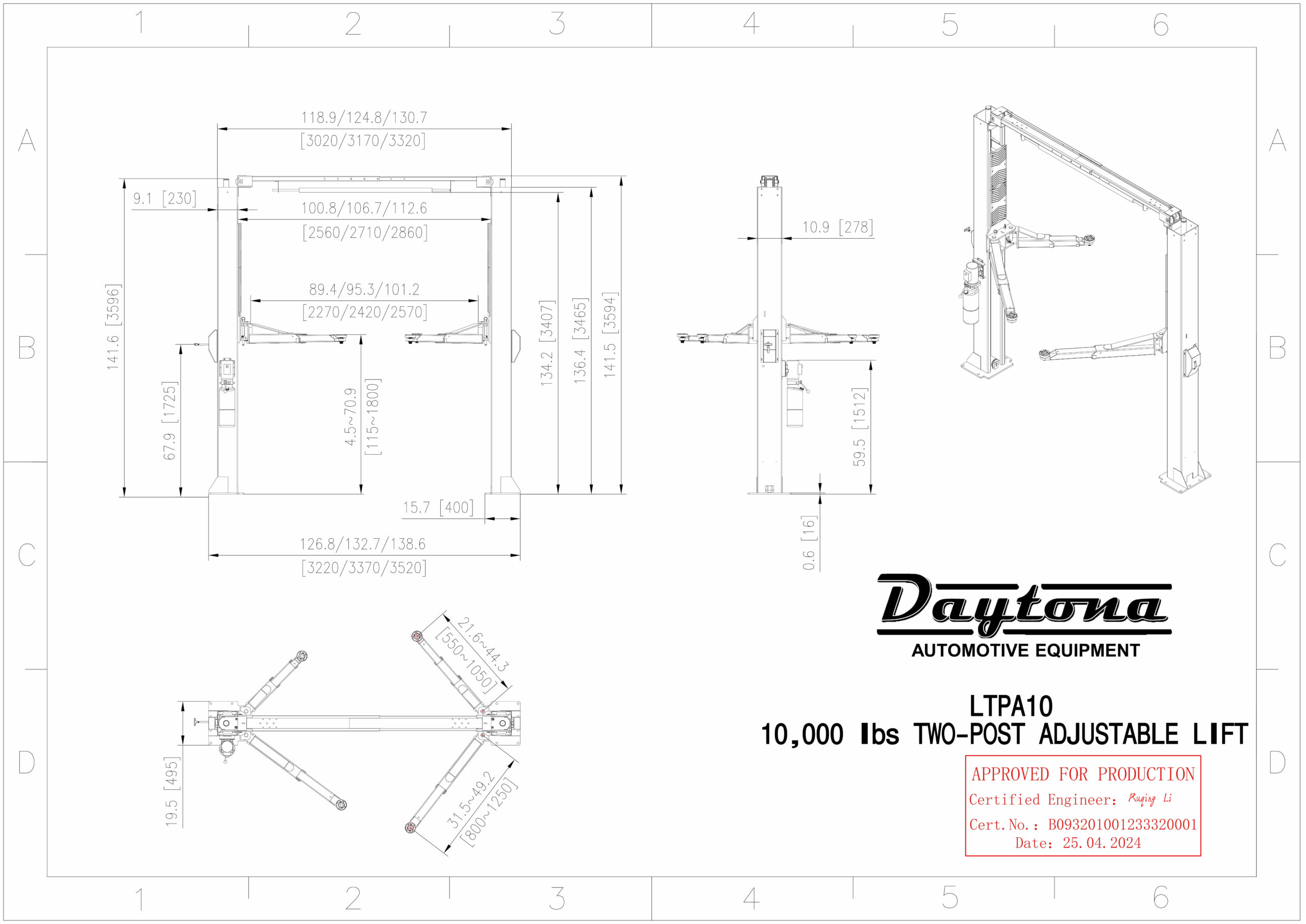 LTPA10 10,000lb 2-Post Adjustable Lift - Image 3