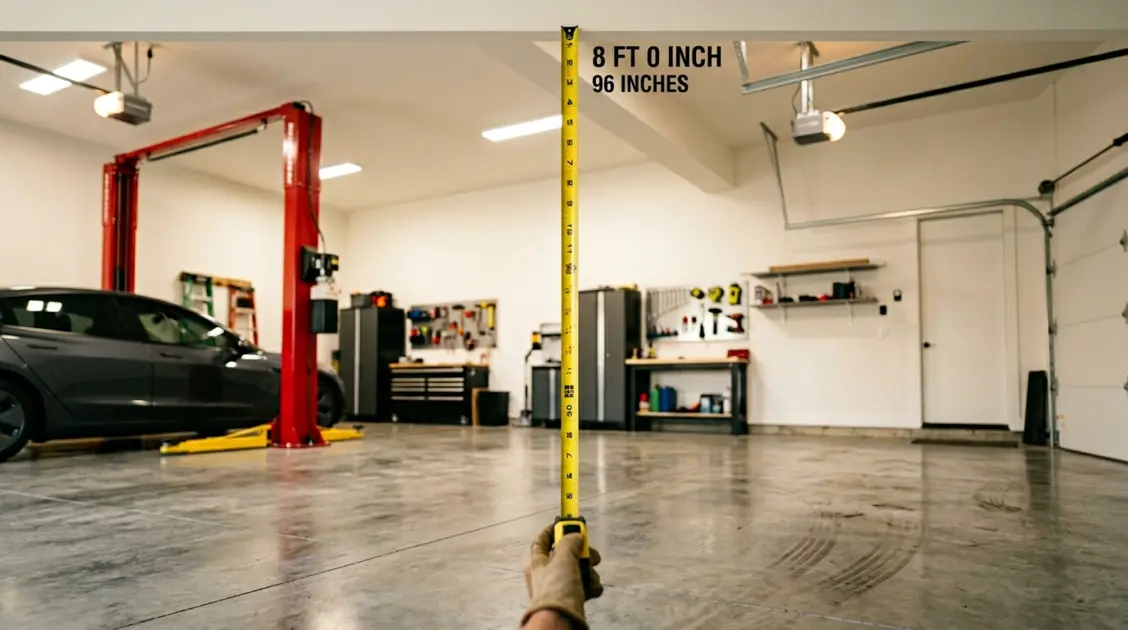 Residential garage with 8-foot ceiling being measured for a 2-post car lift installation