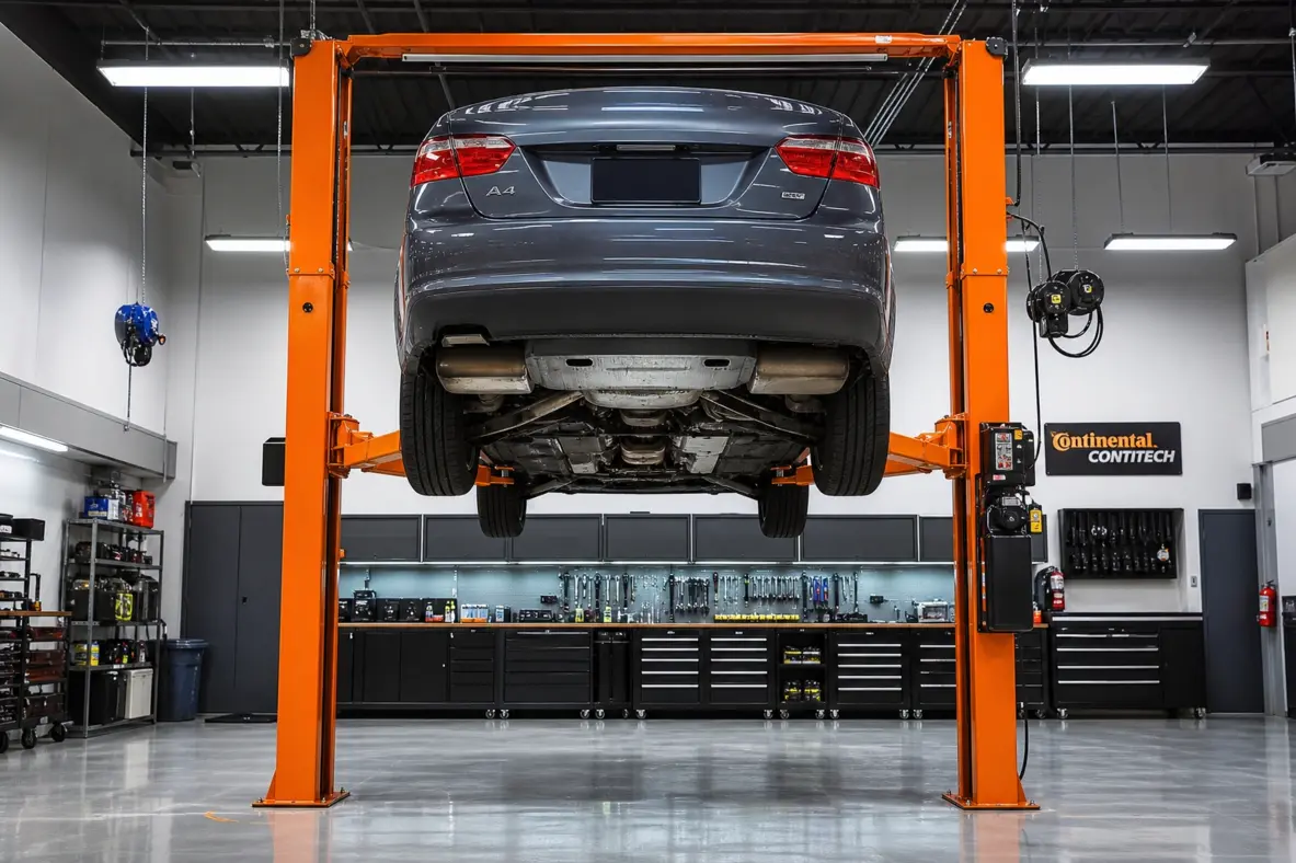 2-post overhead car lift raising a sedan in a professional automotive repair shop