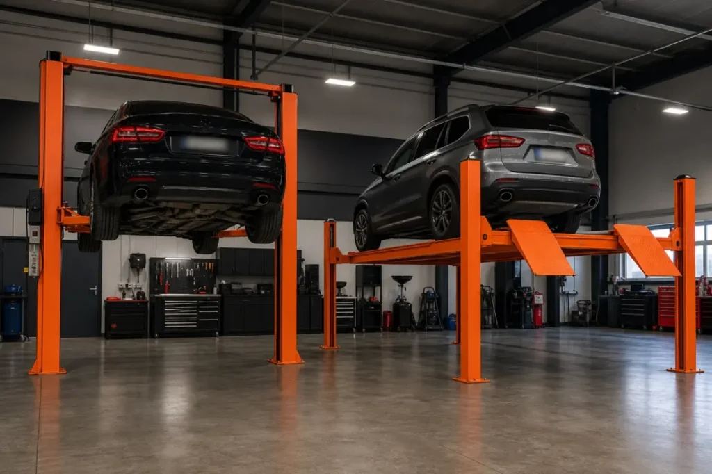 Different Types of Car Lifts - 2 post and 4 post side by side in garage