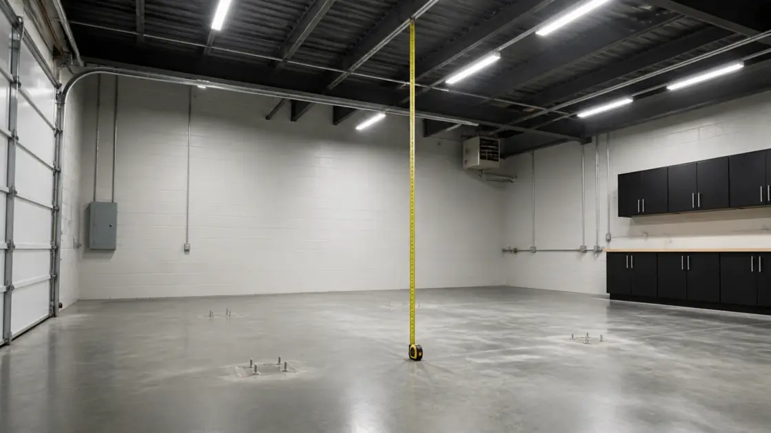 Garage bay prepared for 2 post car lift installation showing concrete floor anchors and ceiling height measurement