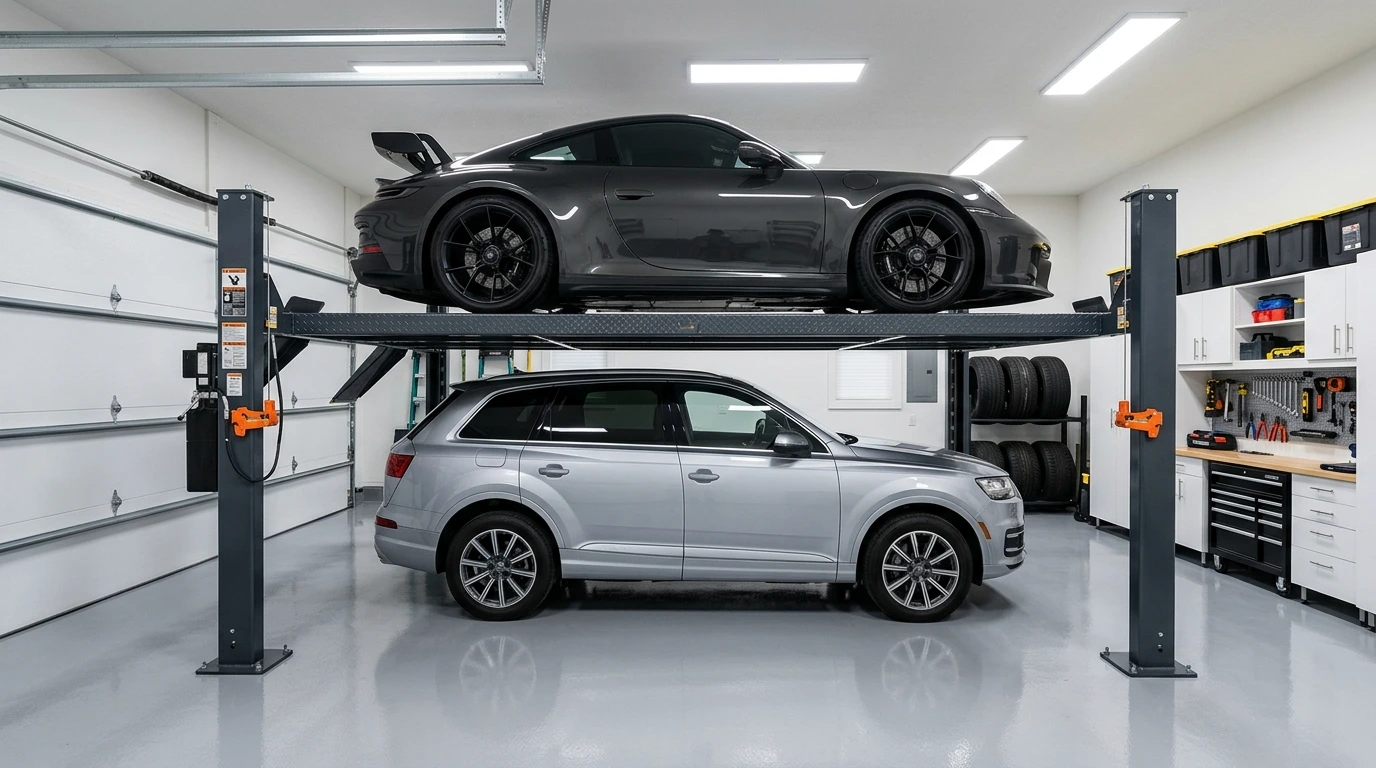 4-post parking lift storing two vehicles in a home garage to maximize parking space