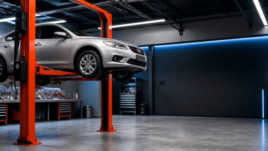 Best 2 post car lift in a modern shop raising a sedan with overhead clearance and ALI safety features