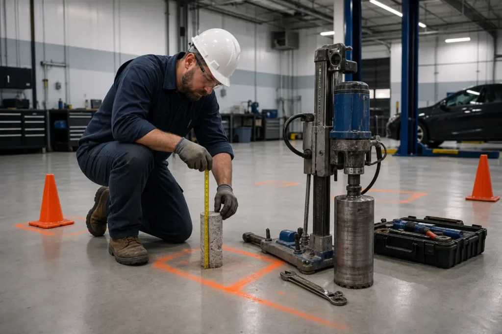engineer checking how thick of concrete for 2 post lift