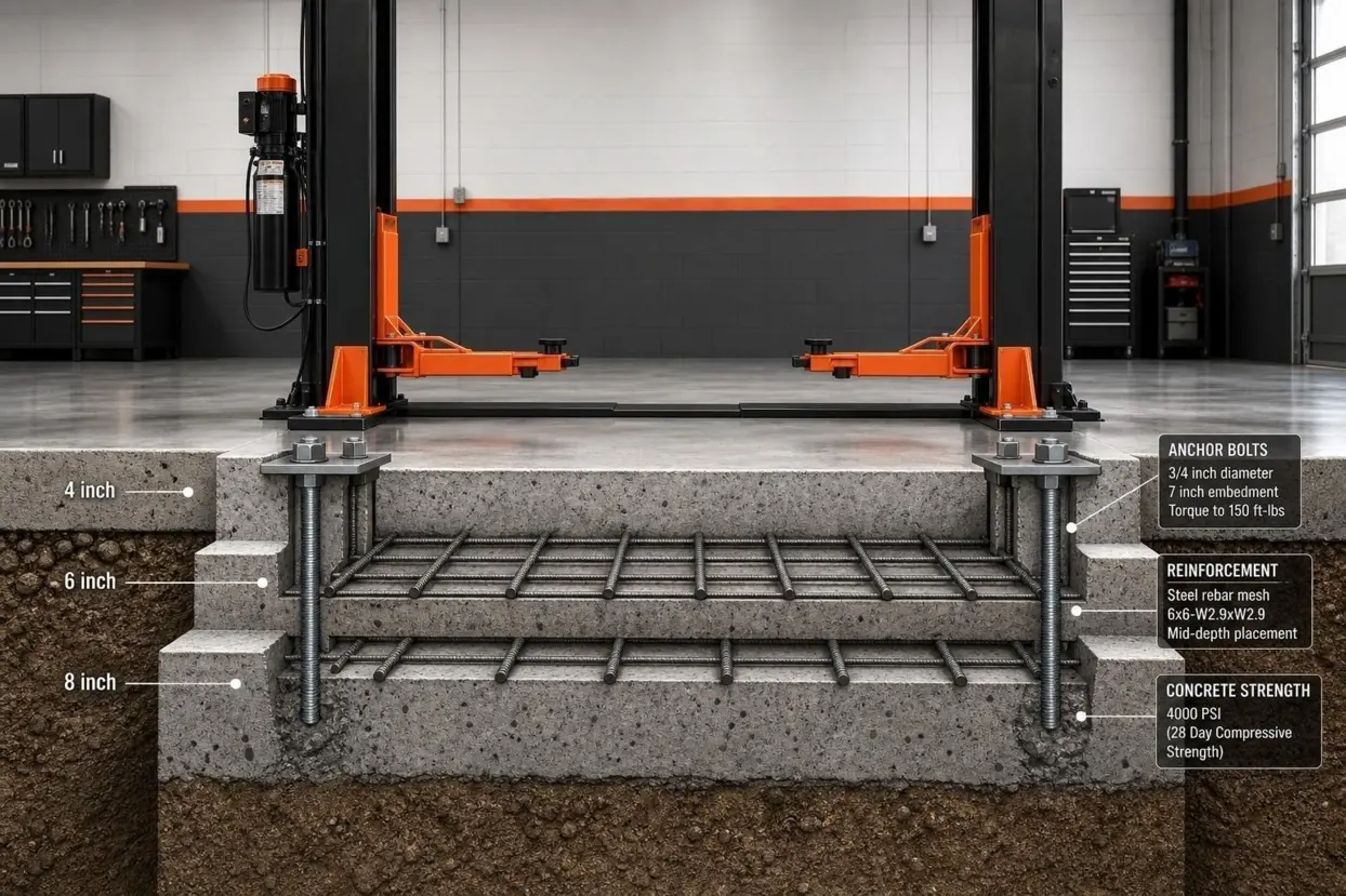 Concrete thickness for 2 post lift shown with 4 inch, 6 inch, and 8 inch slab examples