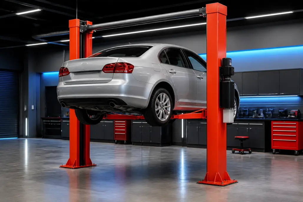Best 2 post car lift in a modern shop raising a sedan with overhead clearance and ALI safety features