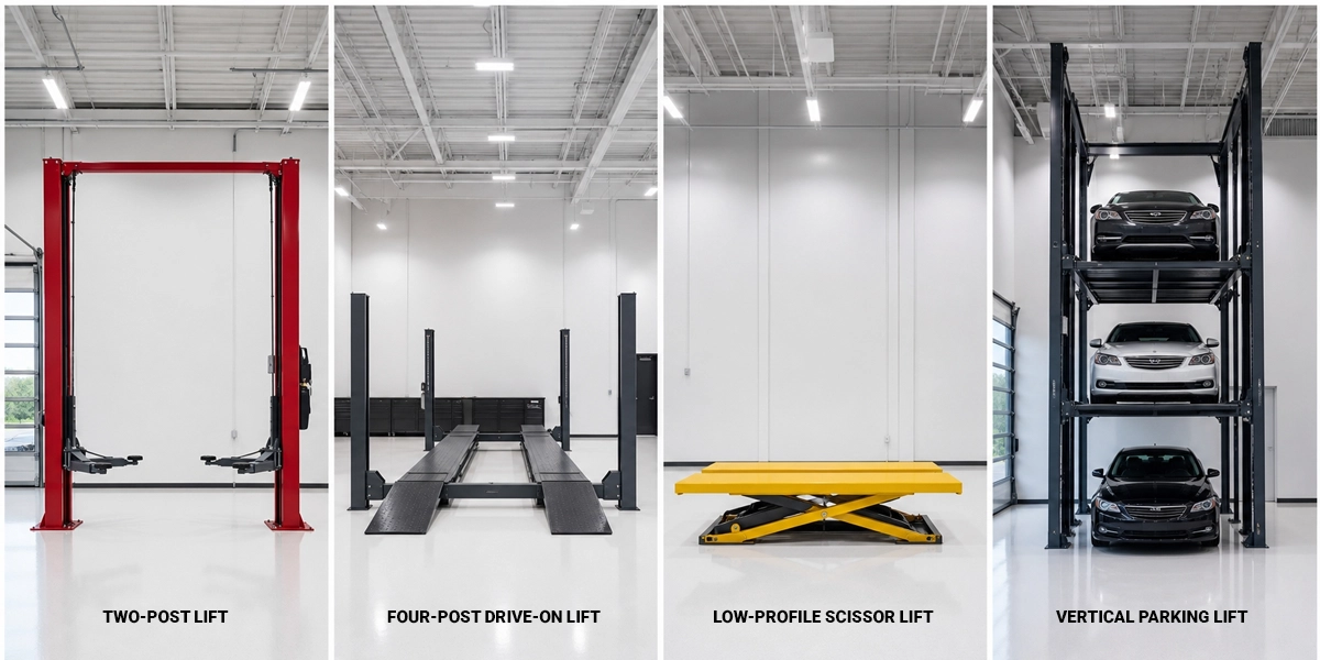 Different types of car lifts including 2-post, 4-post, scissor, and parking lift in a modern shop