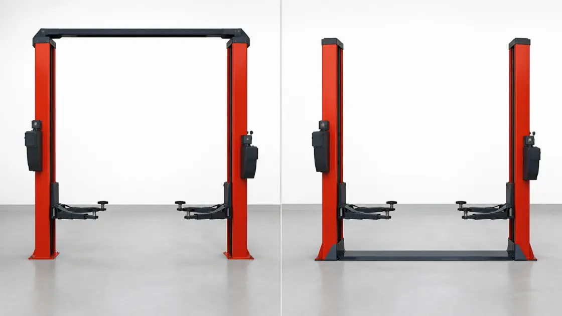 Overhead clear-floor 2 post lift compared to a floorplate 2 post lift design side by side