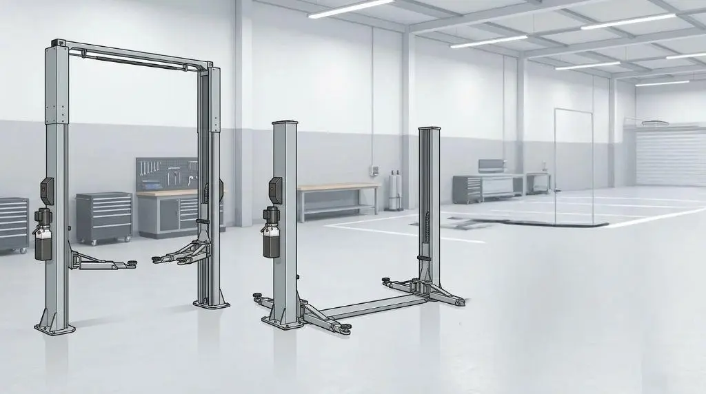 Three types of 2-post car lifts: overhead, floorplate, and adjustable width configurations