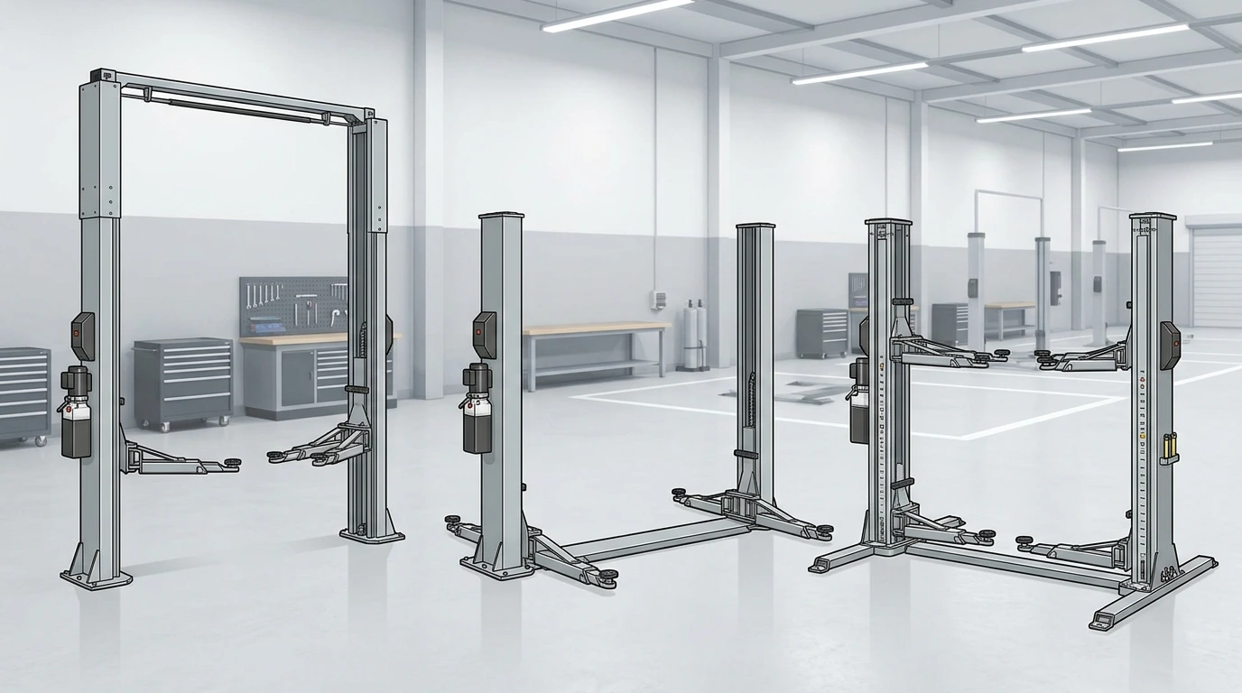 Three types of 2-post car lifts: overhead, floorplate, and adjustable width configurations