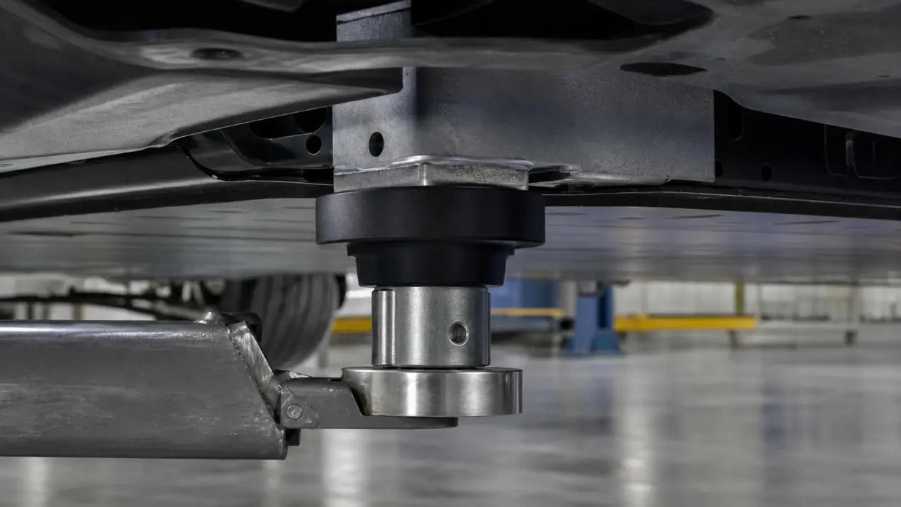 Low-profile lift pad with pinch-weld adapter on an electric vehicle frame point showing battery pack clearance