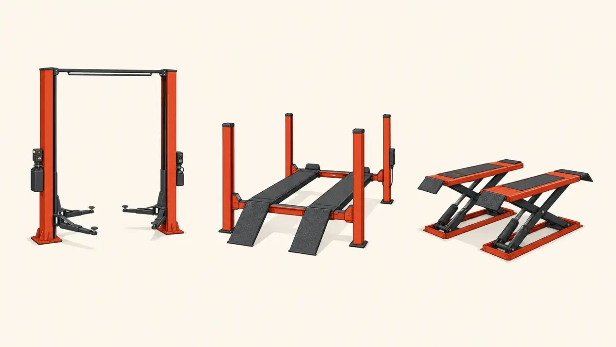 Two post lift compared to four post and scissor lifts side by side for home and shop use