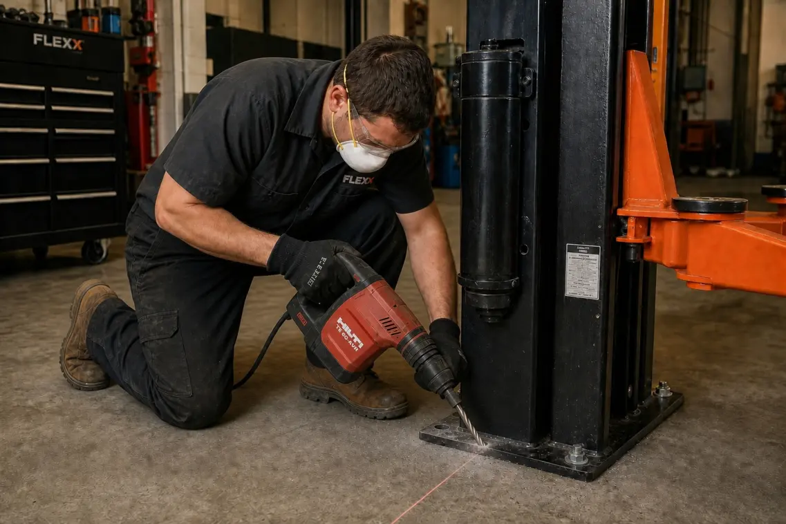 Technician drilling anchor holes at the base of a two-post lift column