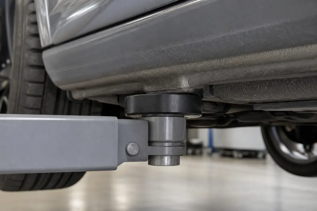 Lift arm pad positioned at a vehicle pinch weld lifting point under a two-post lift