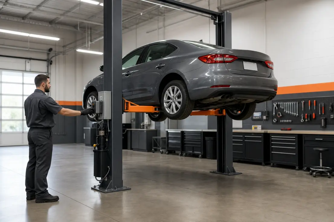 Technician operating a car lift control to raise a vehicle in a clean shop bay