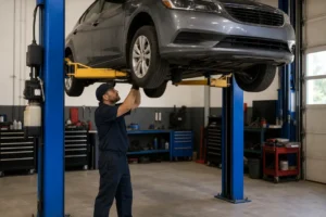 mechanic demonstrating how to use a car lift safely
