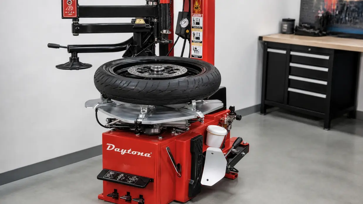 Motorcycle tire changer clamping a narrow motorcycle wheel