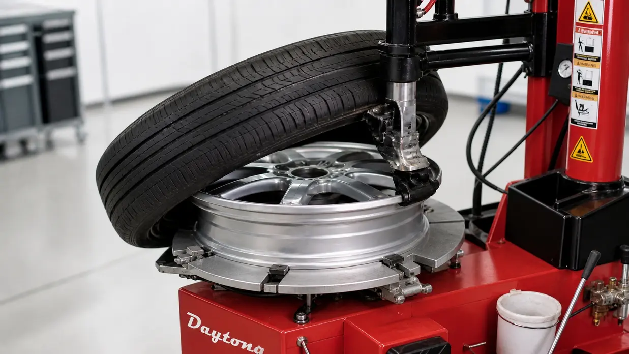 Professional tire changing machine mounting a tire on an alloy wheel