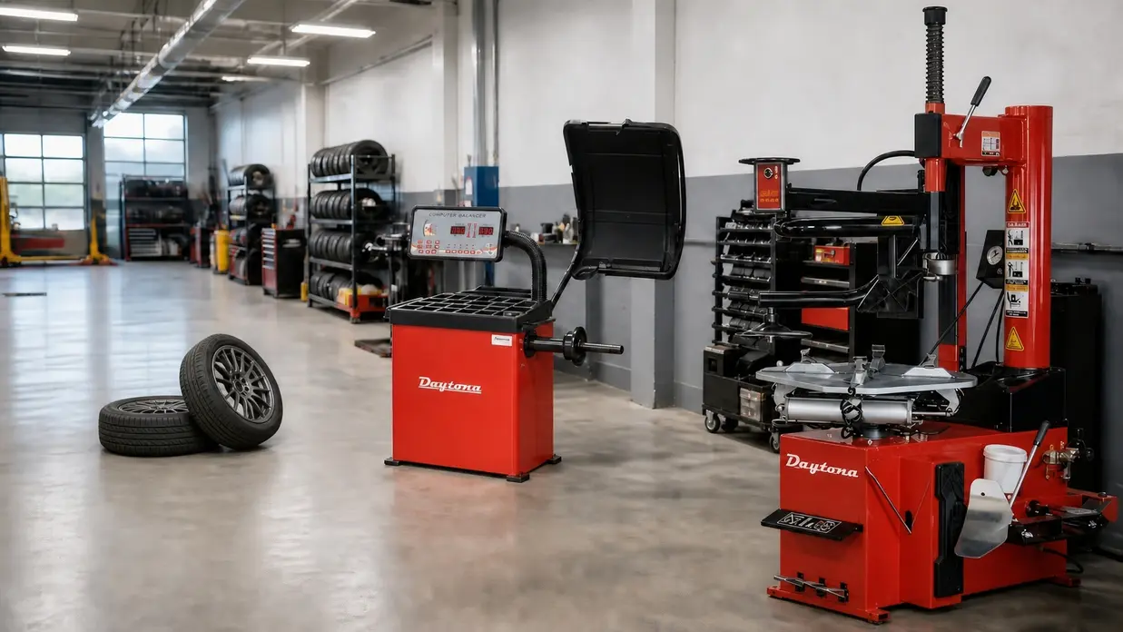 Tire shop equipment showing a professional tire changer and wheel balancer in a shop bay