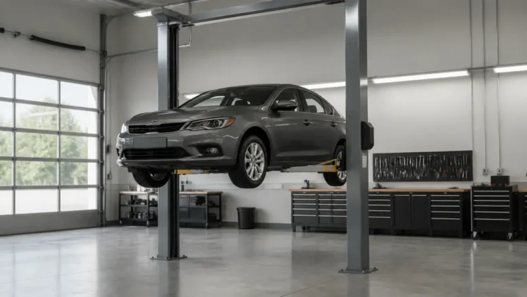 Generic unbranded 2 post lift raising a sedan in a shop bay showing 2 post lift dimensions and clearance