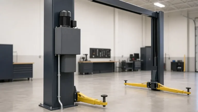 Hydraulic power unit mounted on a 2 post lift column with wiring conduit running to it