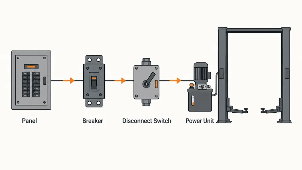Labeled diagram showing power flow from an electrical panel through a breaker and disconnect switch to a 2 post lift power unit