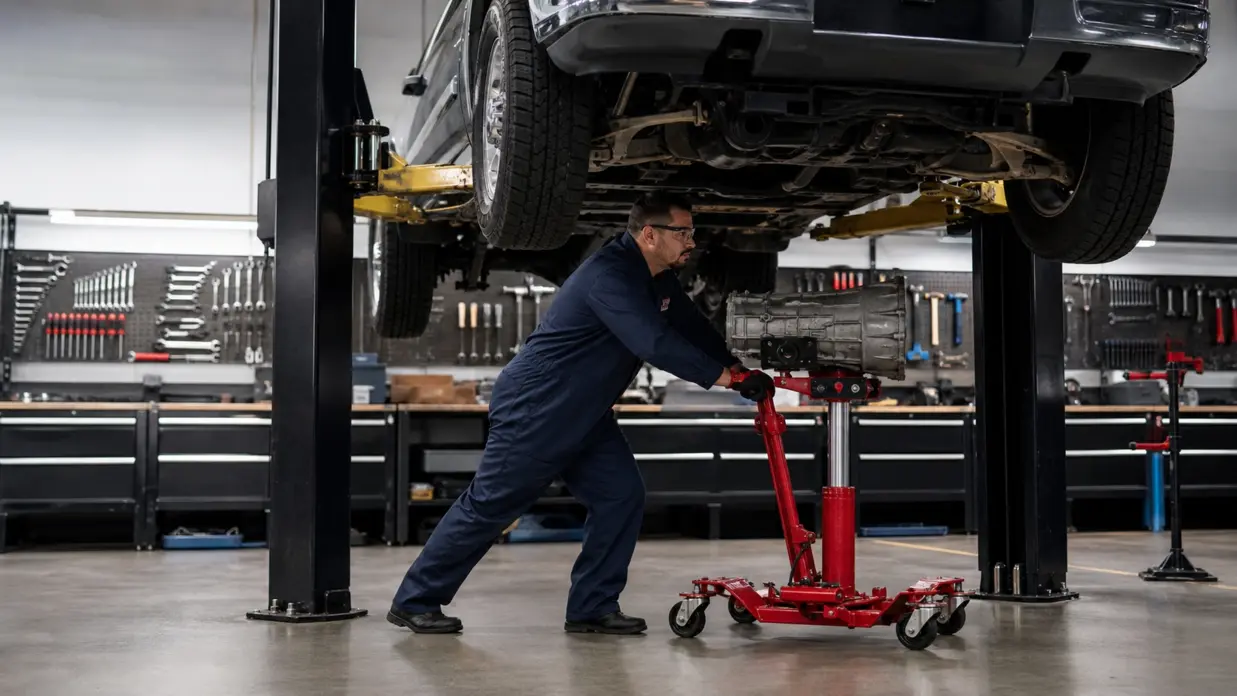 Mechanic rolling a transmission jack under a vehicle raised on an overhead 2 post lift with clear floor