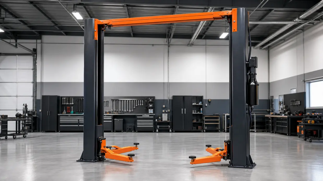Daytona adjustable 2 post lift installed in a clean shop bay