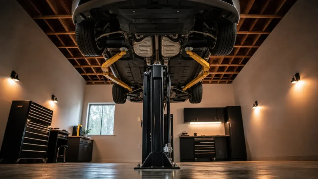 Low-angle view up past a 2-post car lift toward exposed ceiling joists, showing vertical clearance space