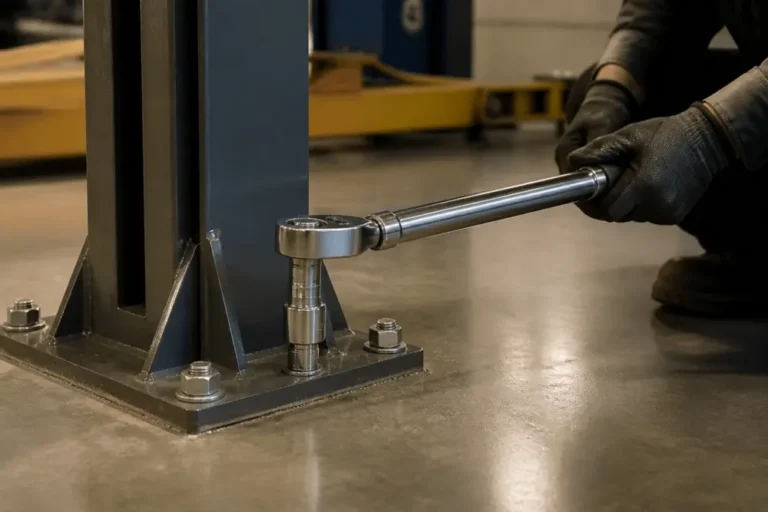 Installer setting a lift column plumb during a 2 post lift installation in a clean shop bay