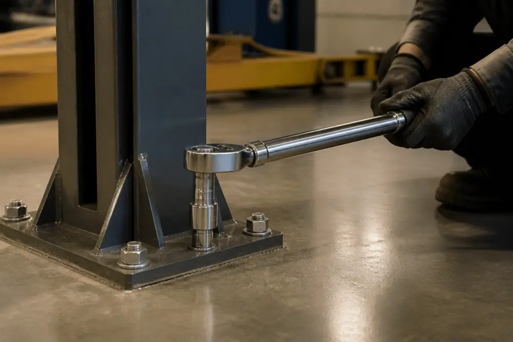 Torque wrench being used to check an anchor bolt on the baseplate of an unbranded 2 post lift column during monthly maintenance