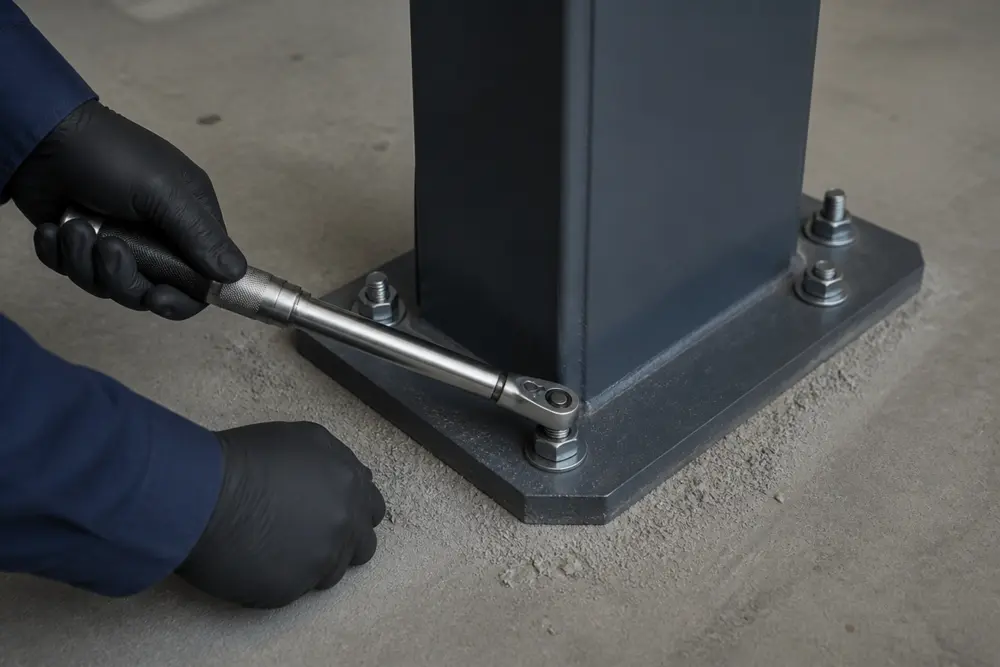 Technician checking anchor bolt torque with a calibrated torque wrench while learning how to install a 2 post lift