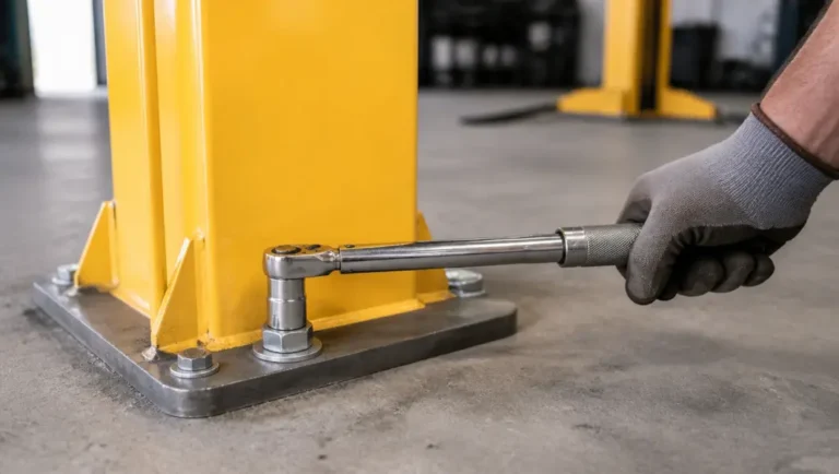 Close-up of a 2 post lift safety lock latch engaged in the steel lock ladder inside the column