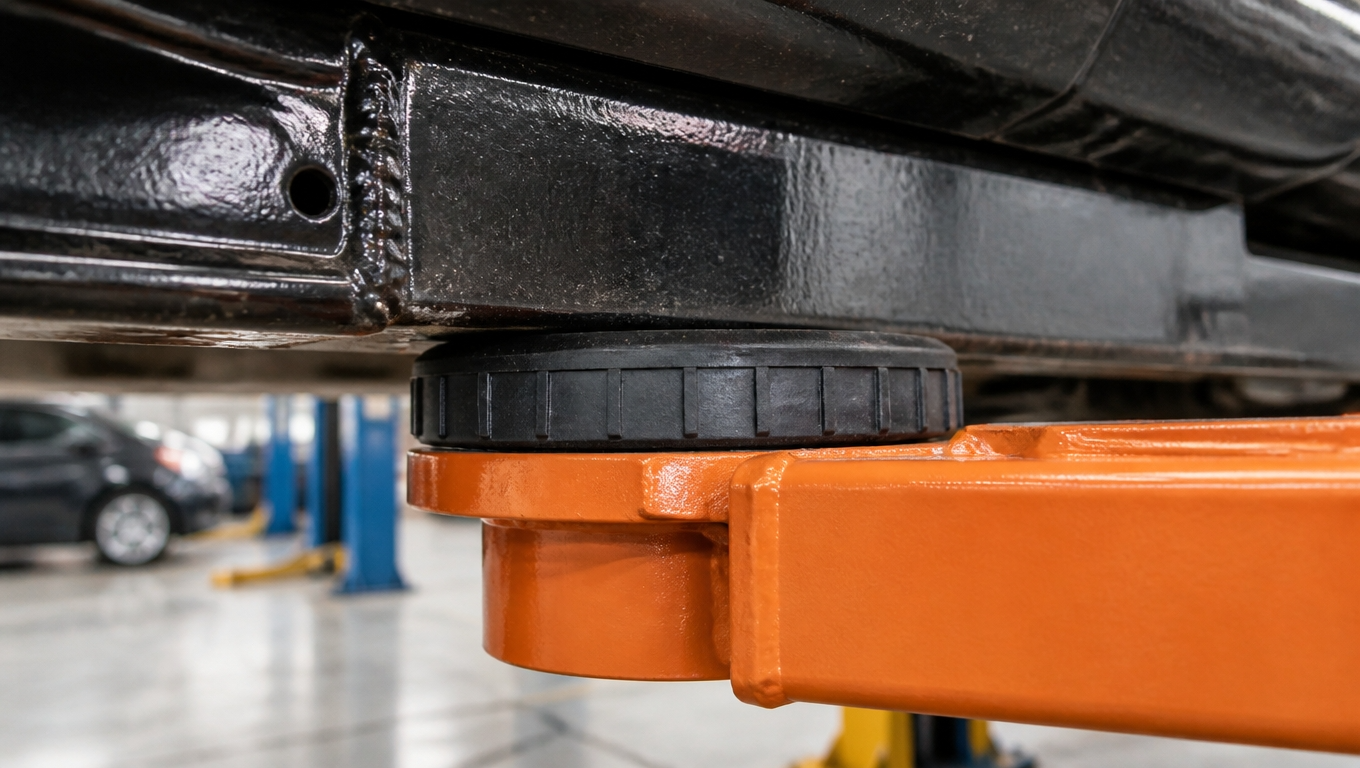 Close-up of a 2 post lift arm pad positioned under a vehicle frame rail to carry the rated capacity per arm