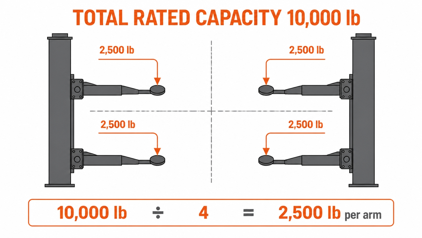 2 post lift capacity per arm diagram showing 10000 lb total divided into 2500 lb on each of four arms