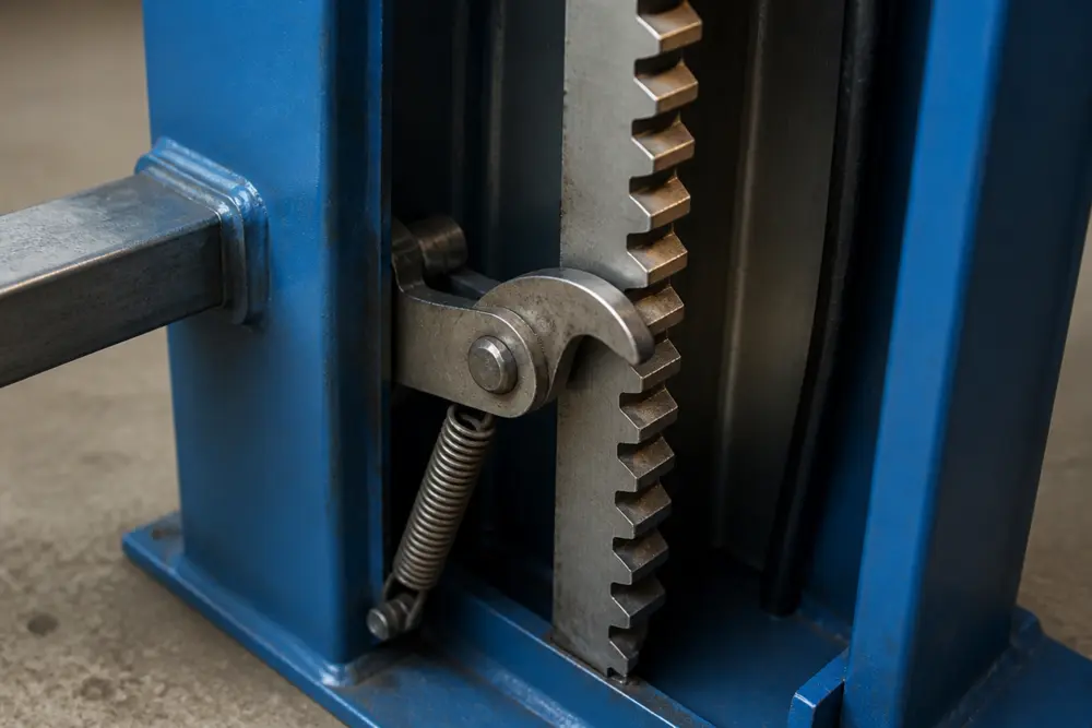 Close-up of a 2 post lift safety lock pawl engaging the lock ladder during a daily lift safety lock inspection
