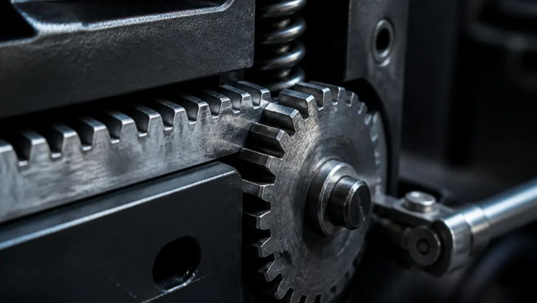 Macro view of the spring loaded gear teeth of an automatic arm restraint on a 2 post lift carriage