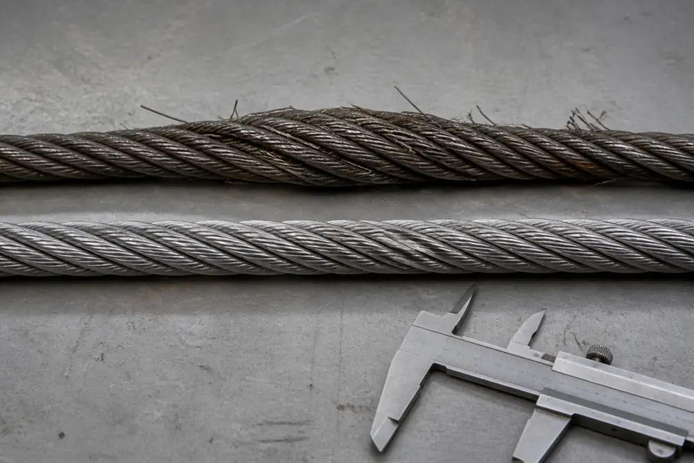 Lift cable inspection comparison showing broken wire strands and diameter wear on a worn wire rope beside a healthy cable