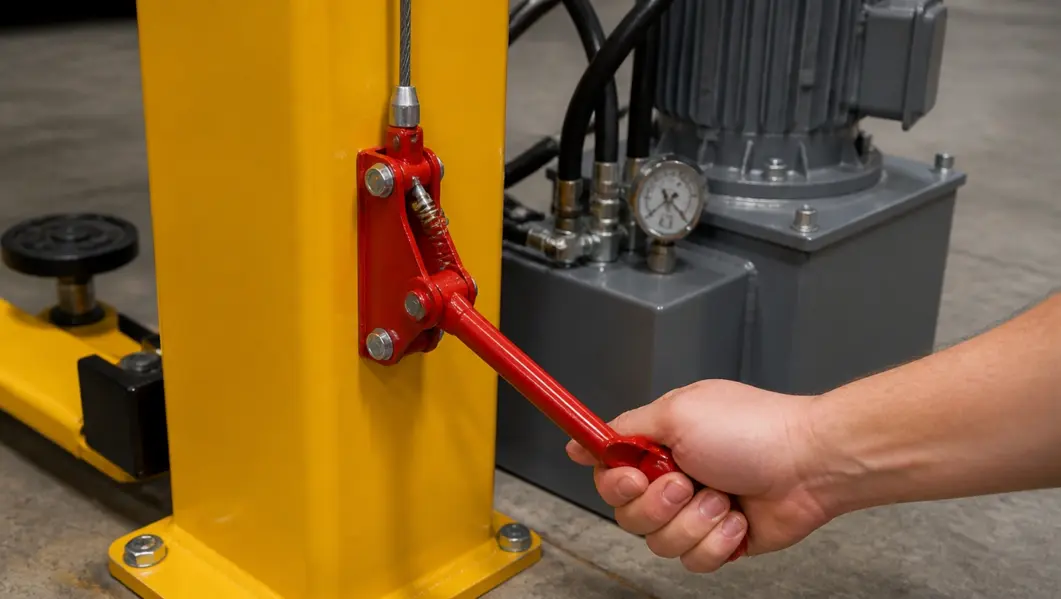 Operator hand pulling the single point release lever beside the power unit on a 2 post lift