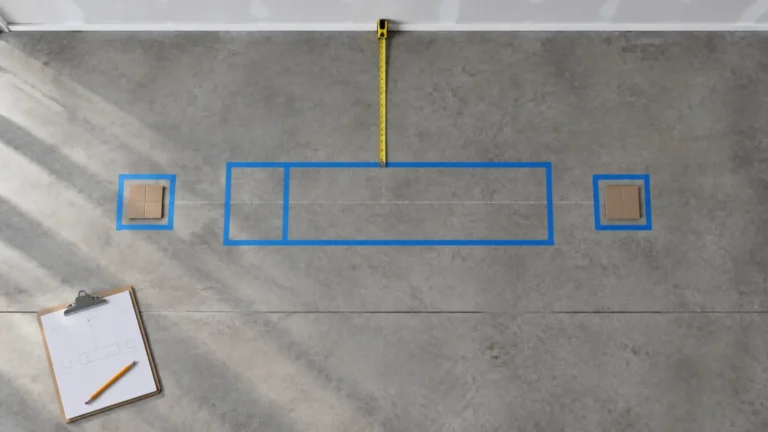 Top-down garage floor marked with tape showing 2 post lift distance from wall and a vehicle outline