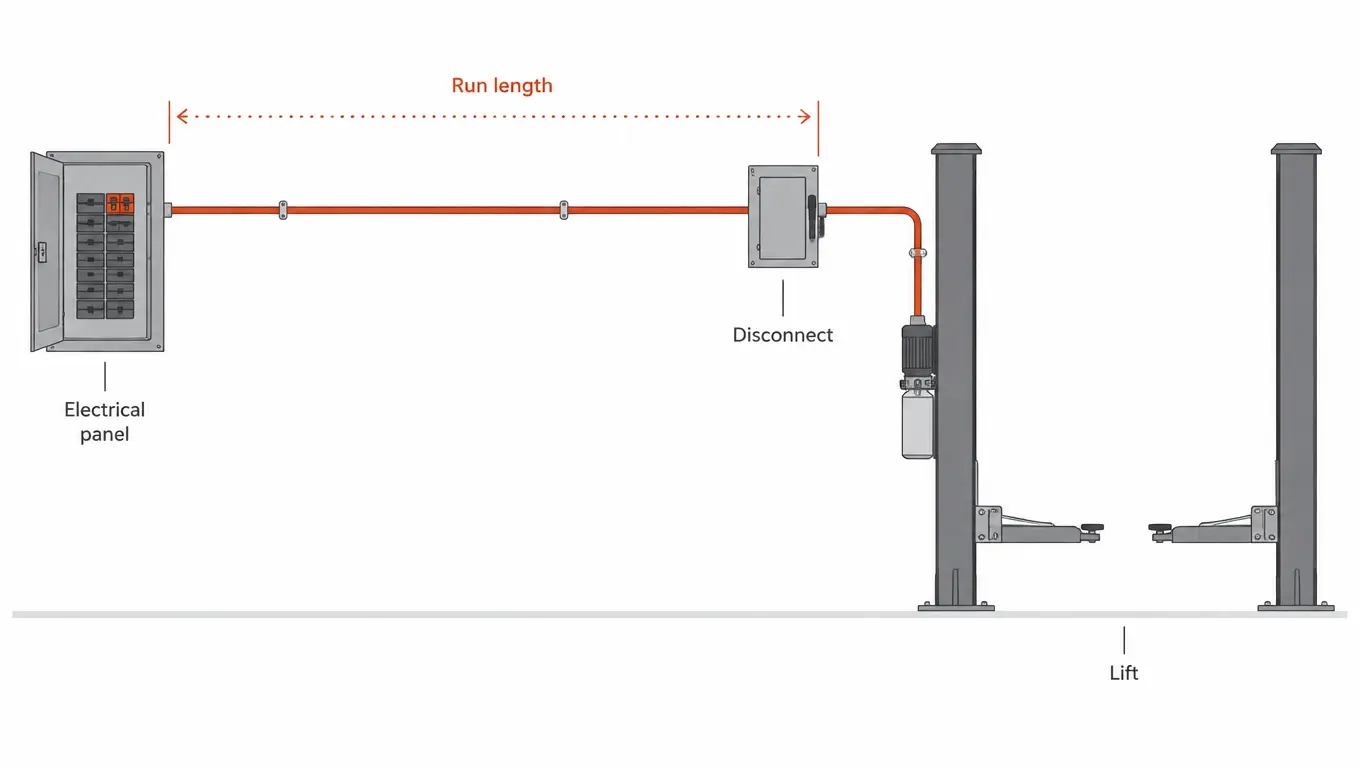 Diagram of a 2-post lift wiring path from the electrical panel through a disconnect to the power unit on the primary column