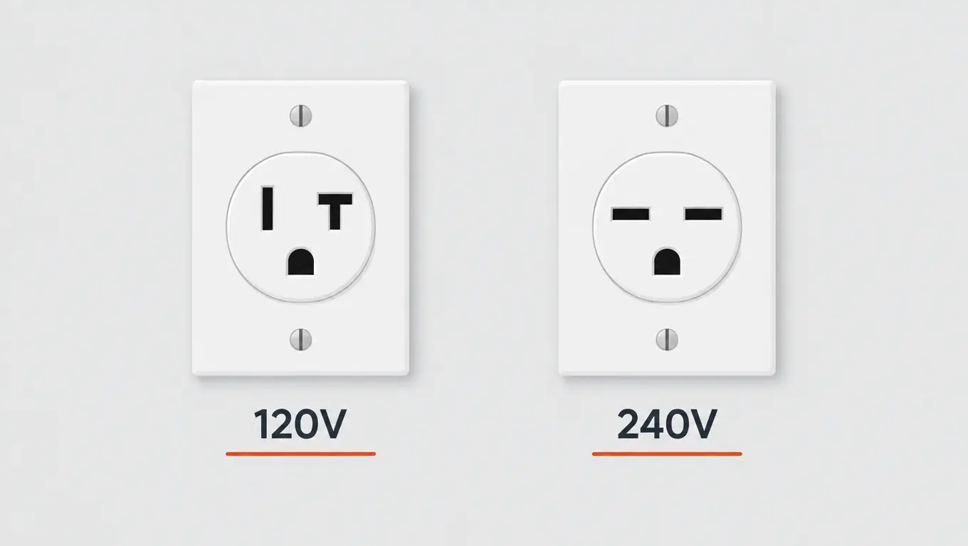 Side-by-side comparison of a 120 V household receptacle and a 240 V NEMA 6-30 receptacle used for car lift power