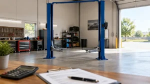 Two-post automotive lift in a shop bay with a blurred desk and calculator suggesting equipment budgeting