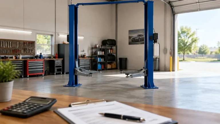 Two-post automotive lift in a shop bay with a blurred desk and calculator suggesting equipment budgeting