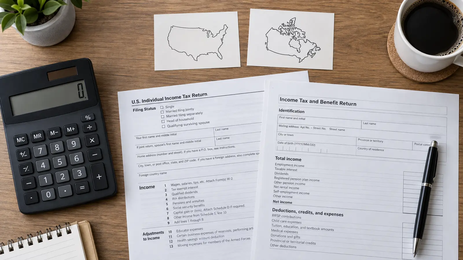 Overhead flat lay of a calculator and tax documents with US and Canada map icons