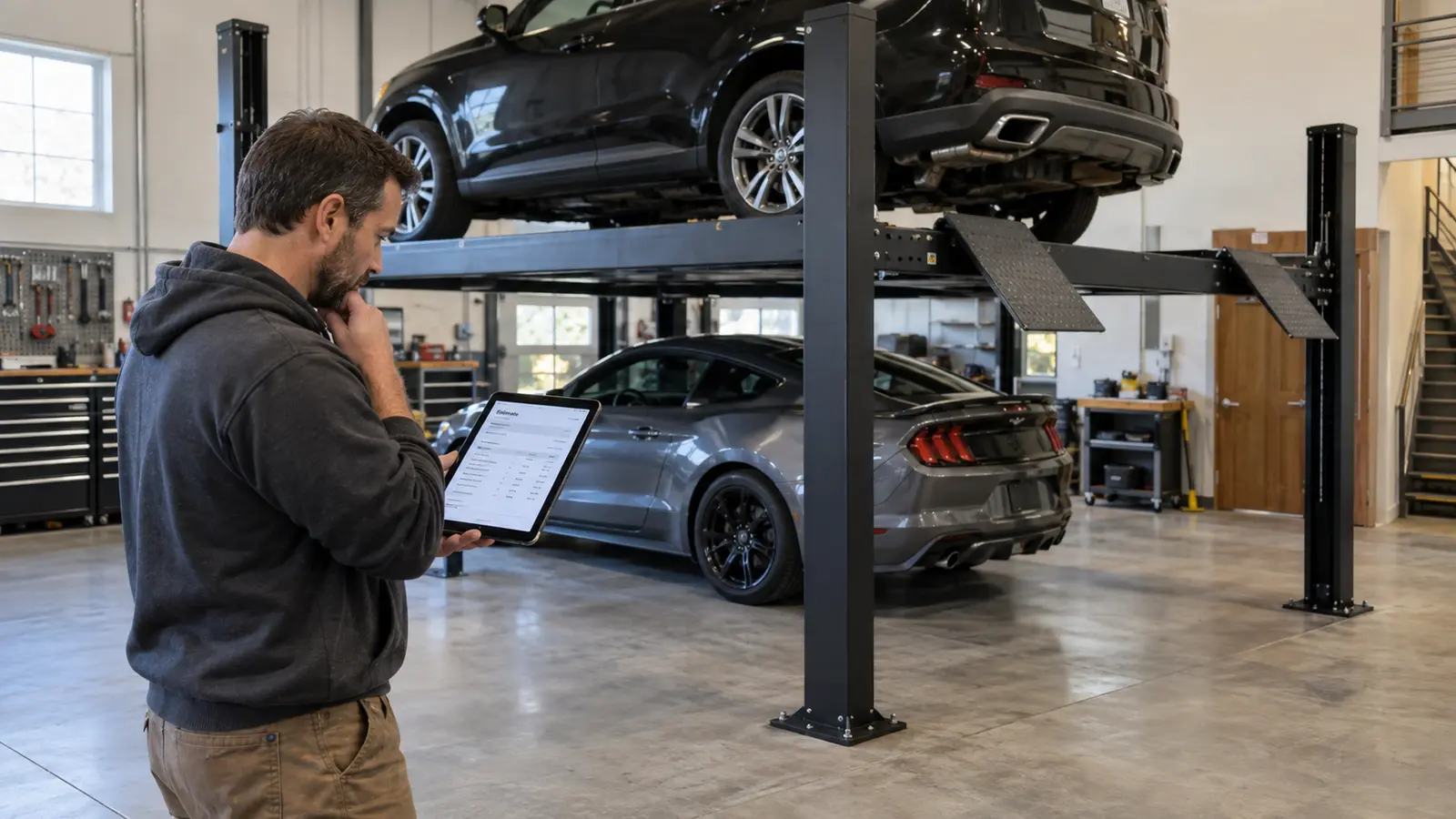 Shop owner reviewing a financing quote on a tablet beside an unbranded four-post lift