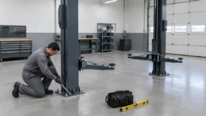 car lift installation cost showing car lift technician inspecting lift