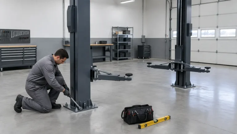 car lift installation cost showing car lift technician inspecting lift