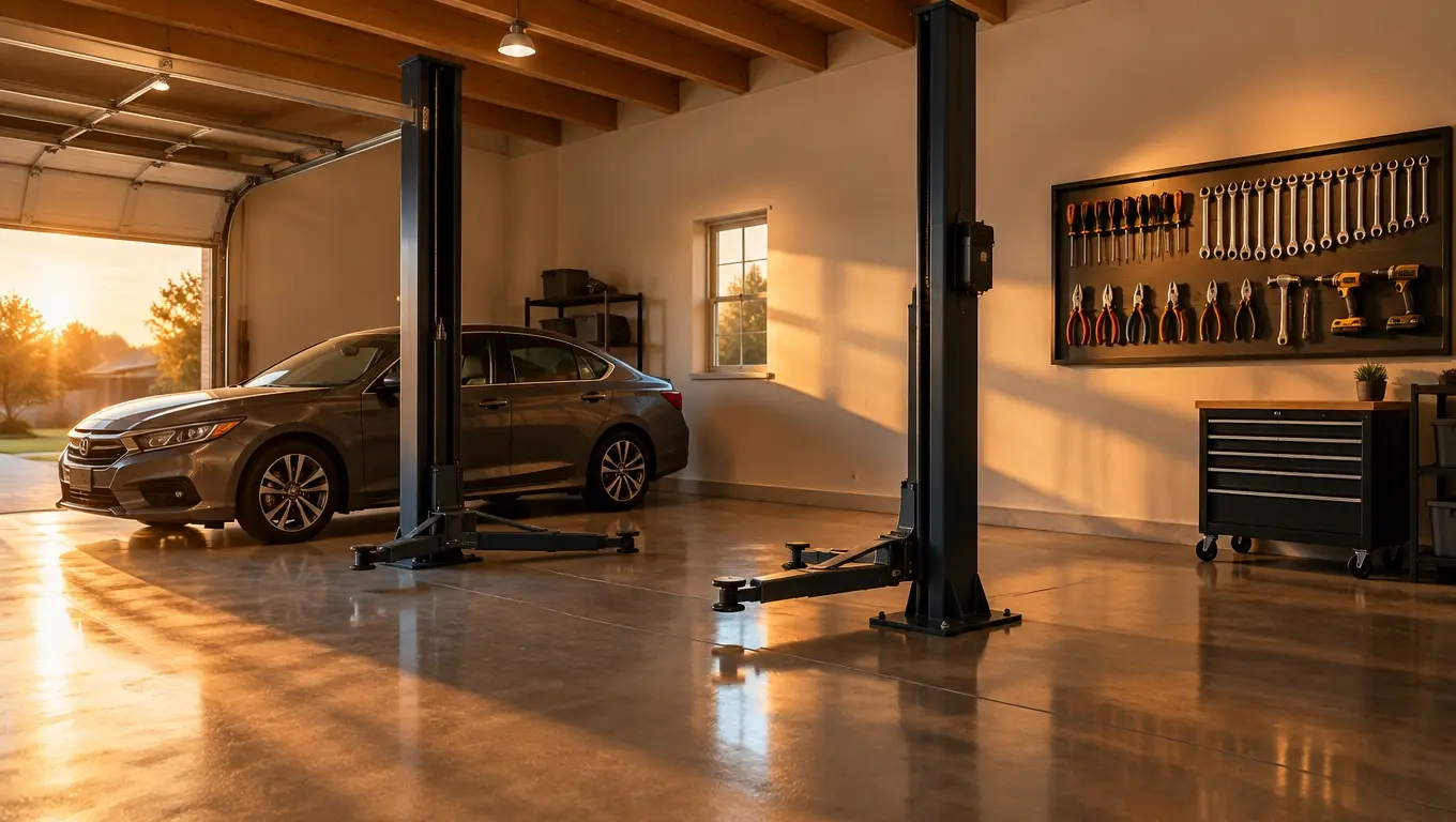 Unbranded two-post lift set up in a tidy home garage workspace