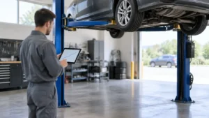 is a car lift worth it blog feature image showing technician inspecting car on lift
